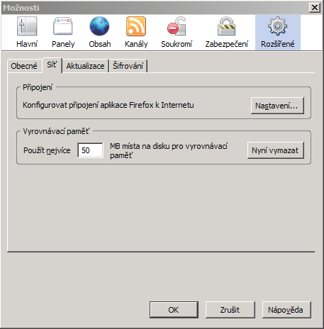 Záložky pro nastavení ve Firefoxu
